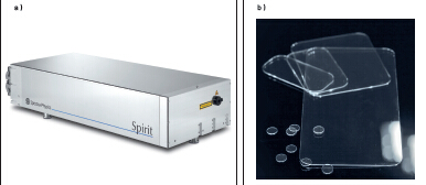 圖1：Spirit 1040-IMC 激光器（a）具備高重復率的工業飛秒激光器，平均功率高達16瓦，是進行 ClearShape加工（b）的理想之選。
